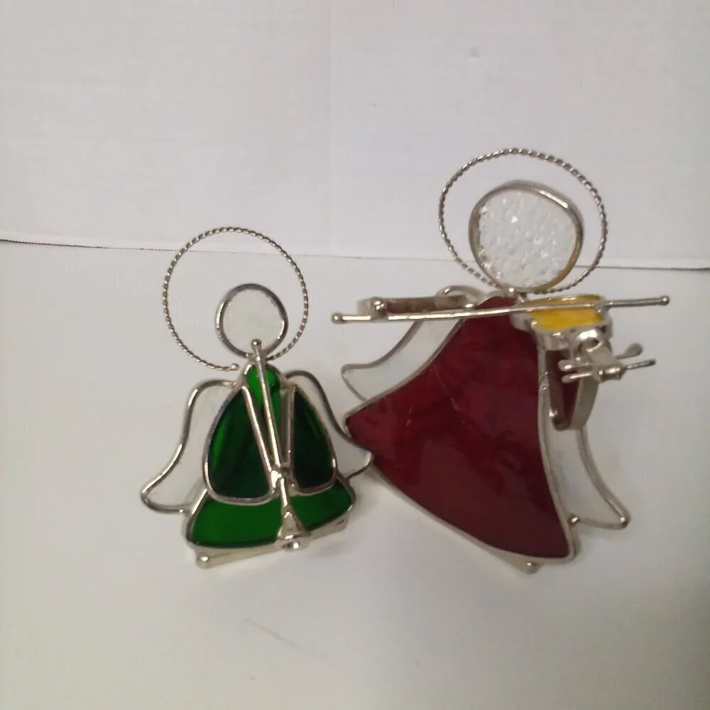 Stained Glass Angel Tea Light Candle Holders Musical Horn Violin Red Green